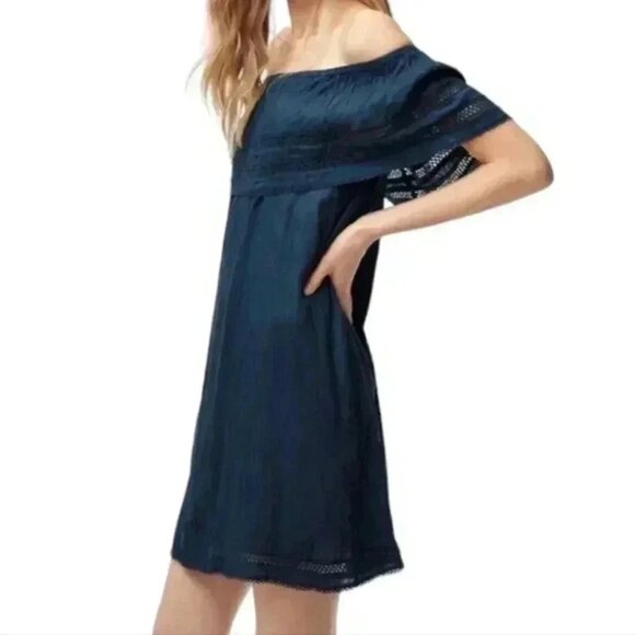 Aritzia Wilfred Emmie Dress Navy Blue Modal Off Shoulder Ruffle Women's Small - Picture 5 of 12